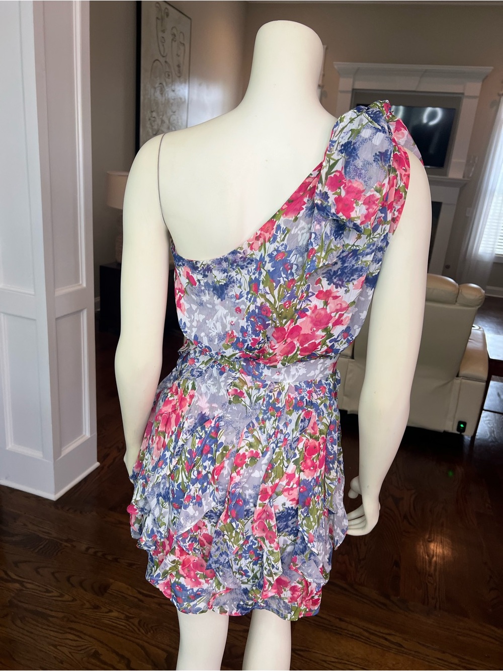 MM Couture One-Shoulder Floral Mini Dress in Pink, Purple, Blue - Picture 7 of 13